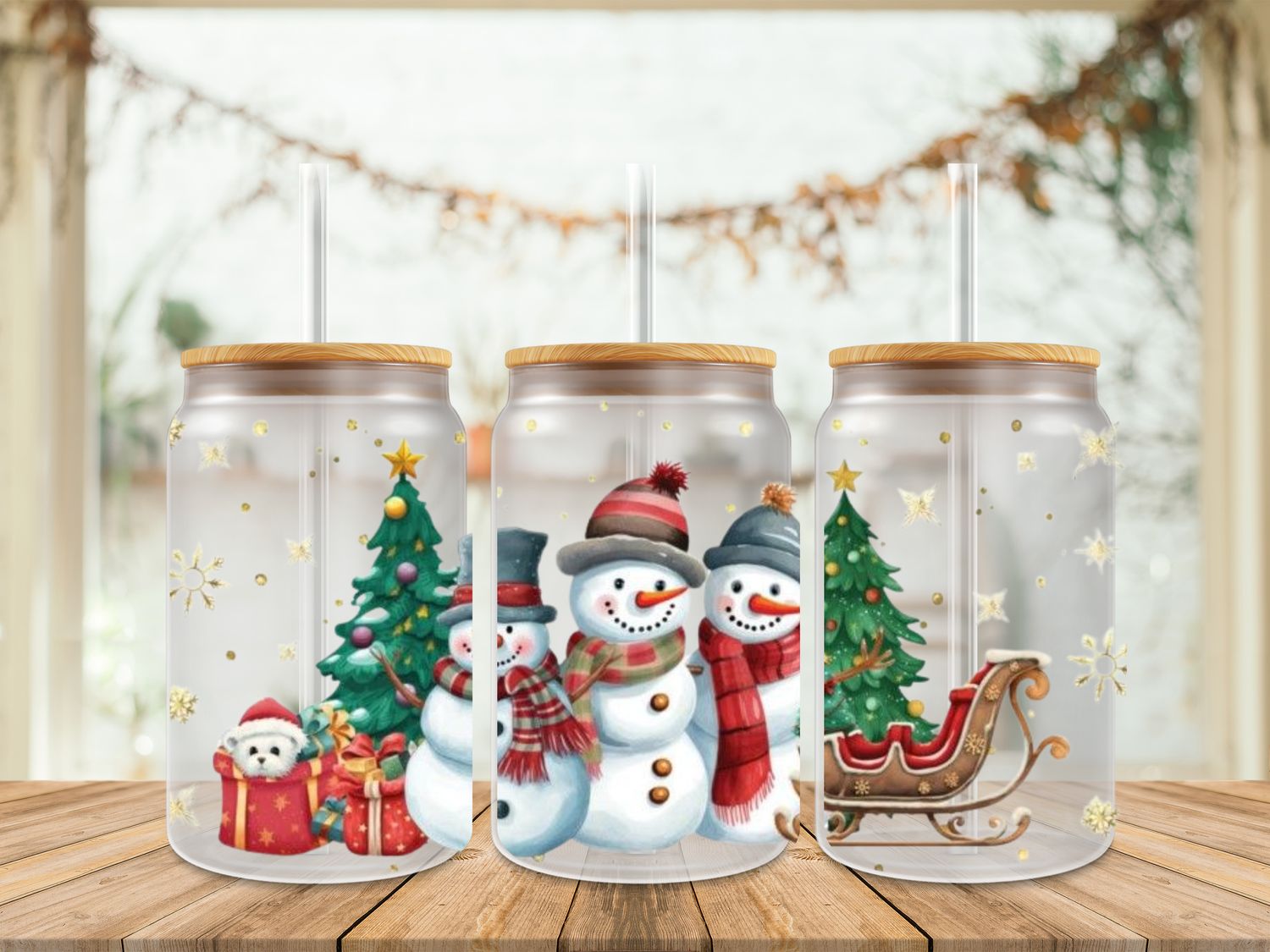 16oz Uv Dtf Wrap - Christmas Snowman With Puppy &amp; Sleigh