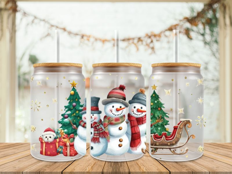 16oz Uv Dtf Wrap - Christmas Snowman With Puppy &amp; Sleigh