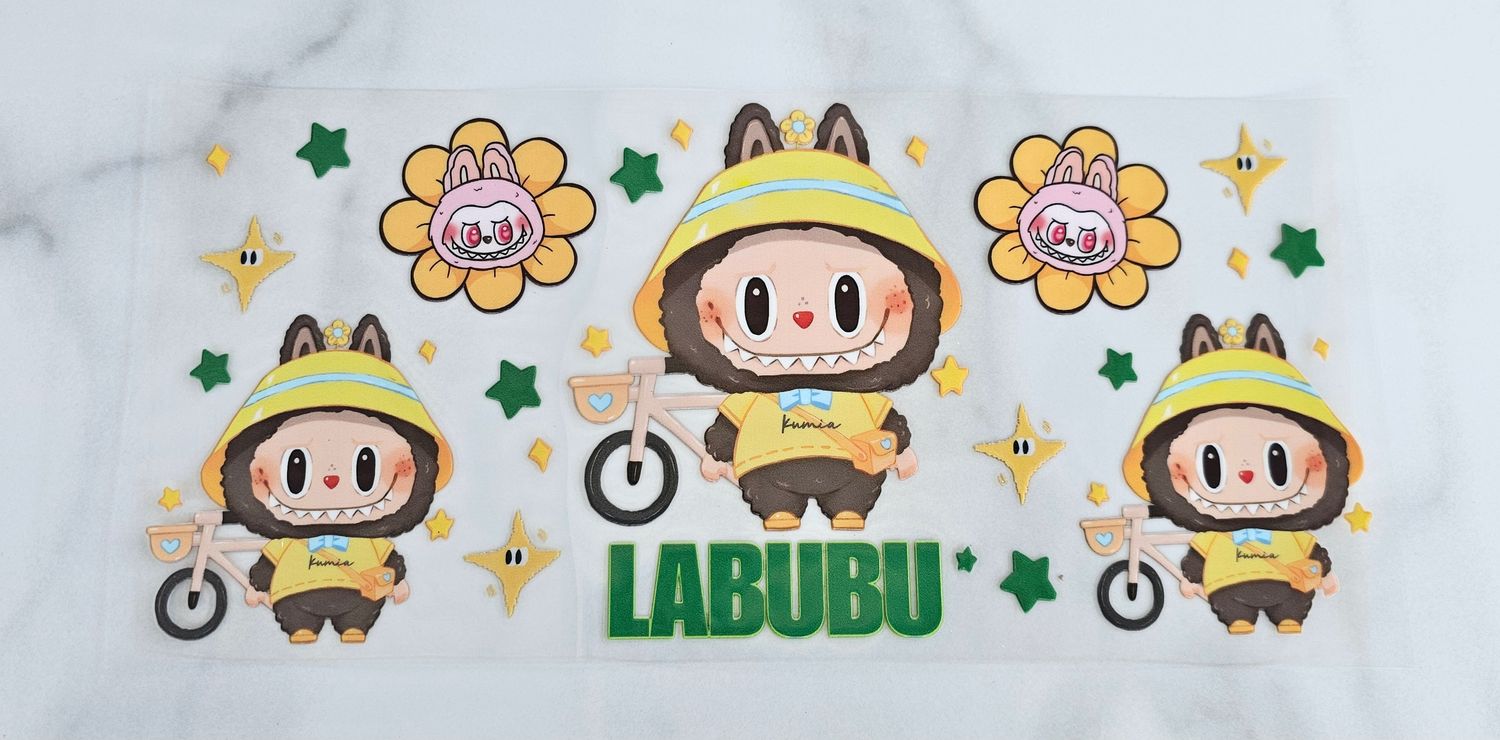 Double Sided Uv Dtf Wrap - Labubu Yellow With Bicycle