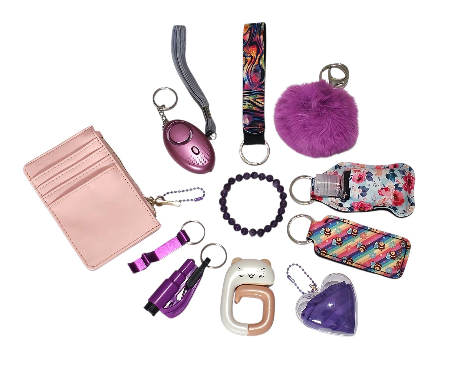 Purple Rainbow Self Defence Keychain Set Amethyst Crystal Bracelet