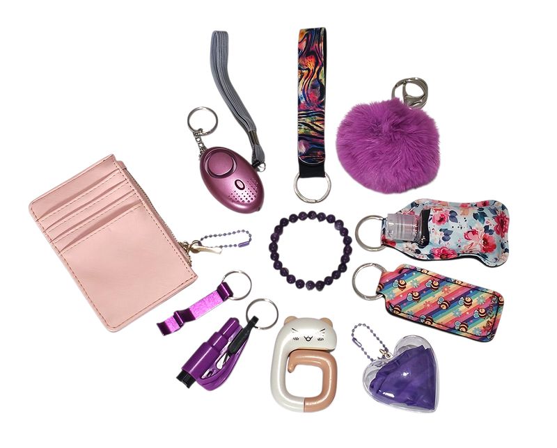 Purple Rainbow Self Defence Keychain Set Amethyst Crystal Bracelet