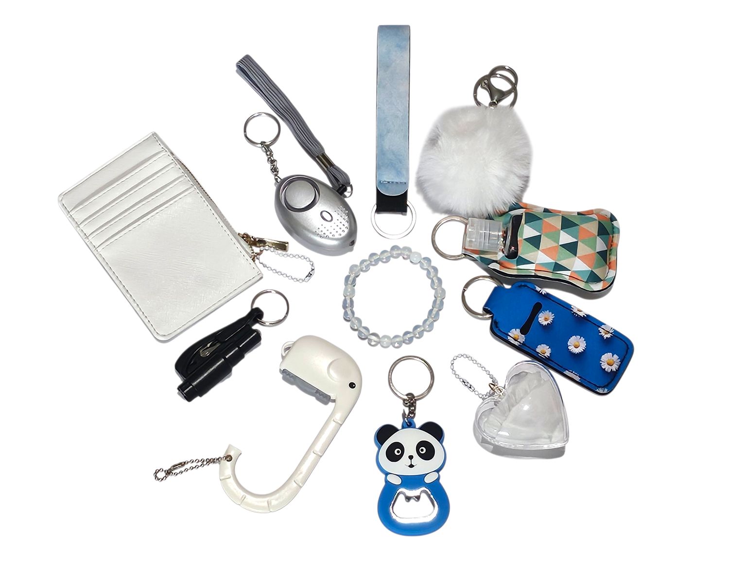 Blue-White Self Defence Keychain Set with Selenite Crystal Bracelet