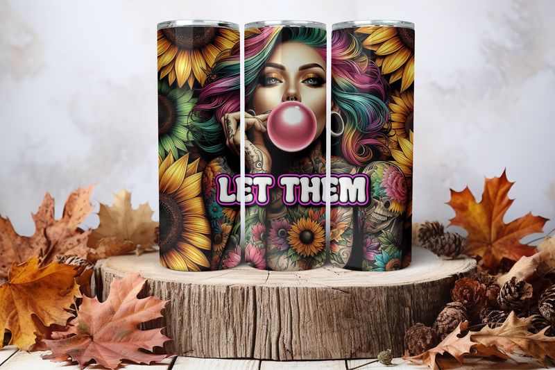 20oz Skinny Sublimation Tumbler Wrap Print - Tattooed Girl Bubble Gum Let Them