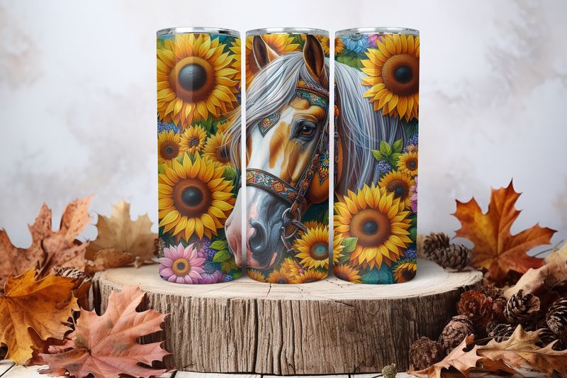 20oz Skinny Sublimation Tumbler Wrap Print - Horse Sunflowers 2