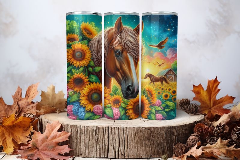 20oz Skinny Sublimation Tumbler Wrap Print - Horse Sunflowers