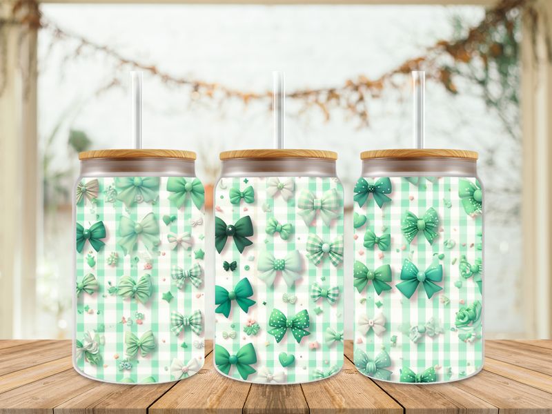 16oz Sublimation Tumbler Wrap Print - Checkered Green Bows