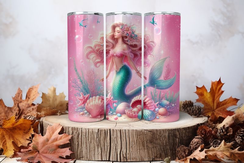20oz Skinny Sublimation Tumbler Wrap Print - Mermaid Pretty In Pink