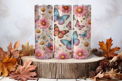 20oz Skinny Sublimation Tumbler Wrap Print - Pink Daisies &amp; Butterflies