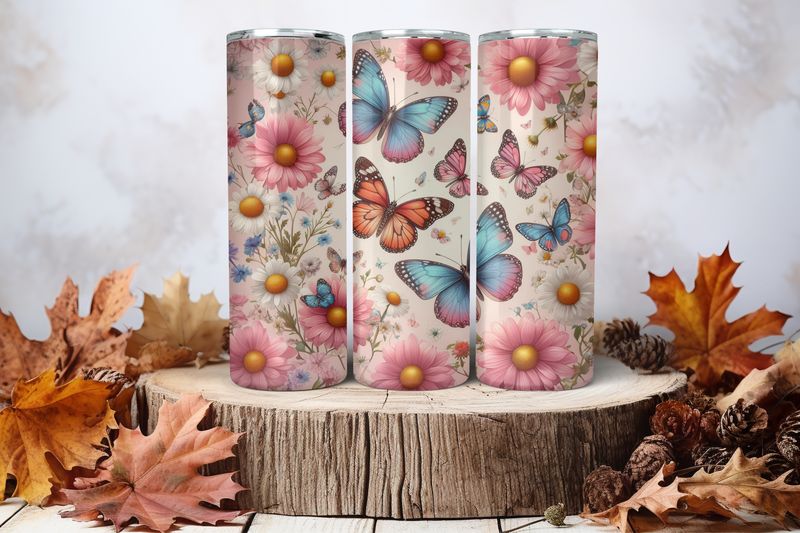 20oz Skinny Sublimation Tumbler Wrap Print - Pink Daisies &amp; Butterflies