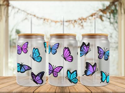 16oz Sublimation Tumbler Wrap Print - Butterflies Purple &amp; Blue