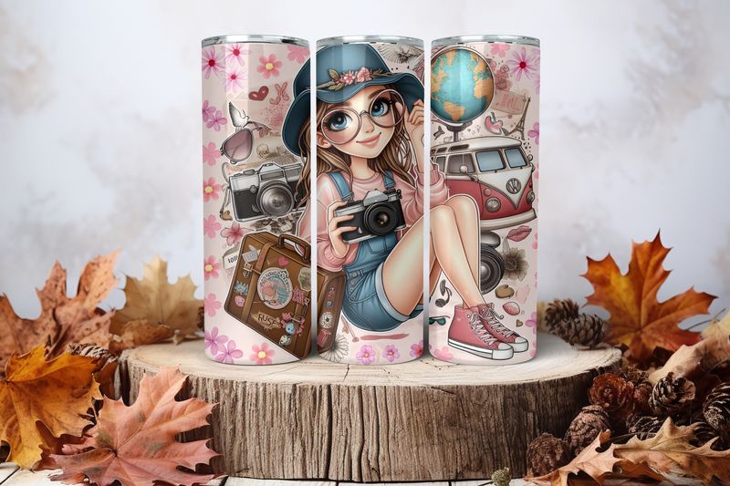 20oz Skinny Sublimation Tumbler Wrap Print - Travel Girl