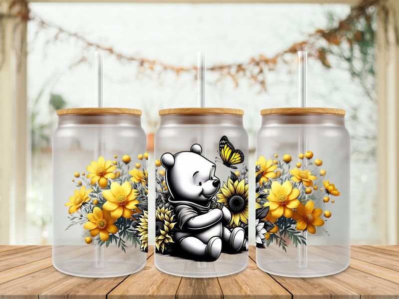 16oz Sublimation Tumbler Wrap Print - Winnie The Pooh Black &amp; White With Yellow Flowers