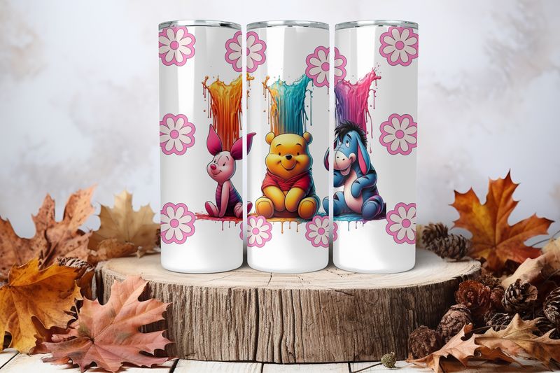 20oz Skinny Sublimation Tumbler Wrap Print - Winnie The Pooh Piglet &amp; Eeyore Colour Drip 2