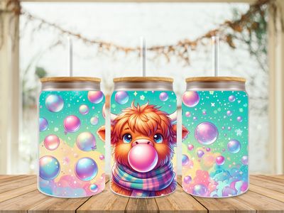 16oz Sublimation Tumbler Wrap Print - Highland Cow Bubbles