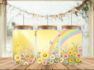 16oz Sublimation Tumbler Wrap Print - Flowers Yellow Rainbow