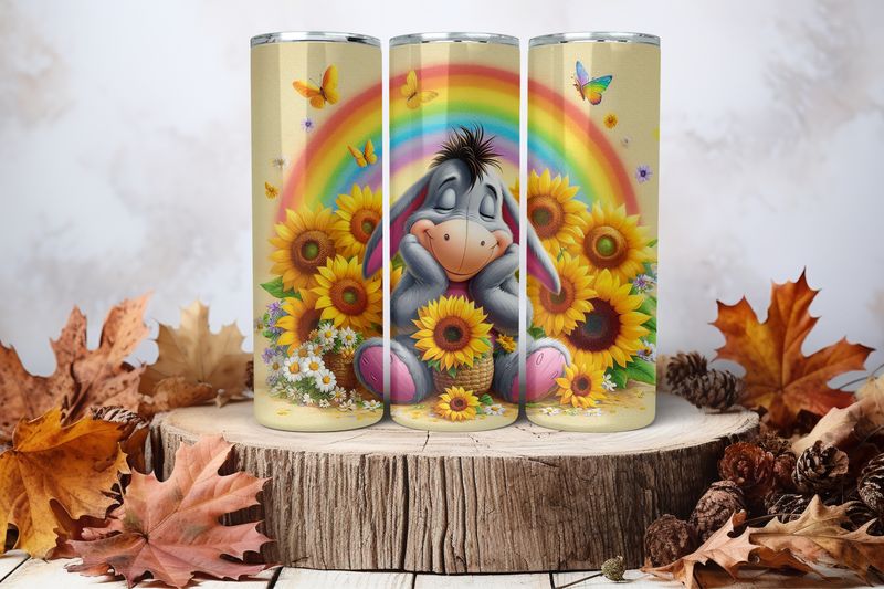20oz Skinny Sublimation Tumbler Wrap Print - Eeyore Rainbow Sunflowers Yellow