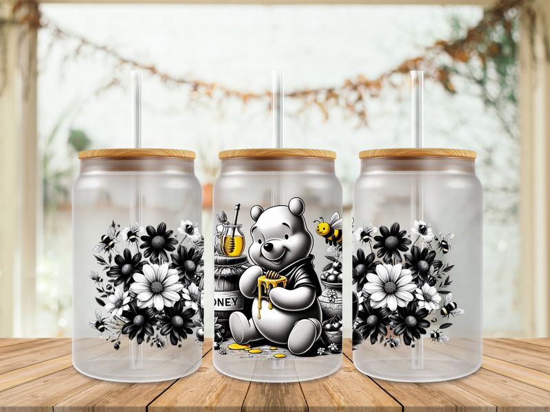 16oz Sublimation Tumbler Wrap Print - Winnie The Pooh Black &amp; White