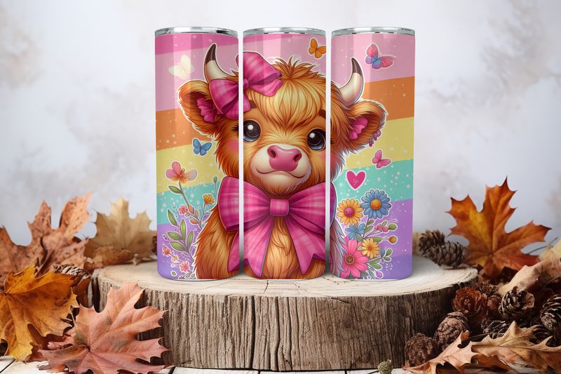20oz Skinny Sublimation Tumbler Wrap Print - Highland Cow With Big Bow