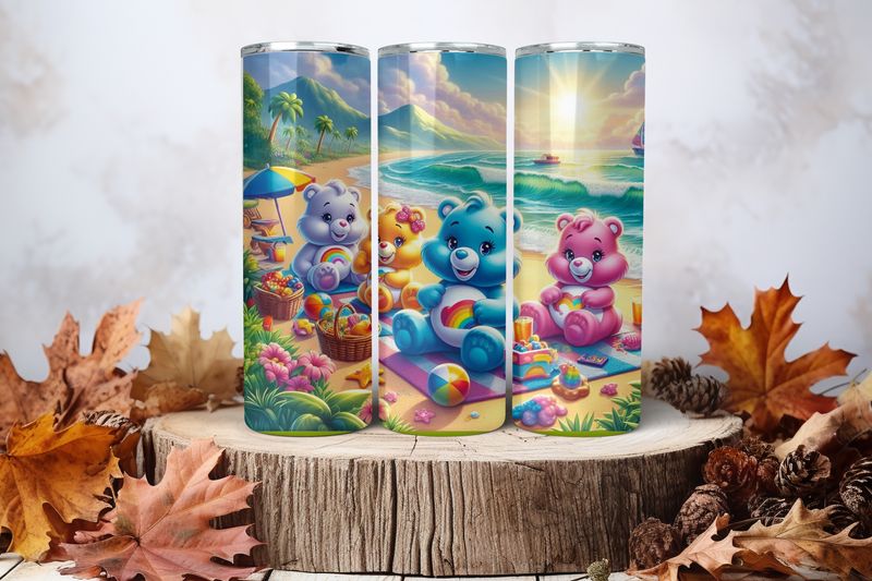 20oz Skinny Sublimation Tumbler Wrap Print - Cute Bears In Beach