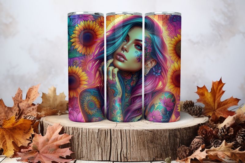 20oz Skinny Sublimation Tumbler Wrap Print - Tattooed Girl Purple Hair