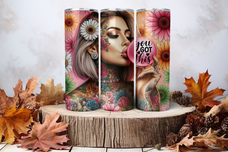 20oz Skinny Sublimation Tumbler Wrap Print - Tattooed Girl Bubble Gum You Got This