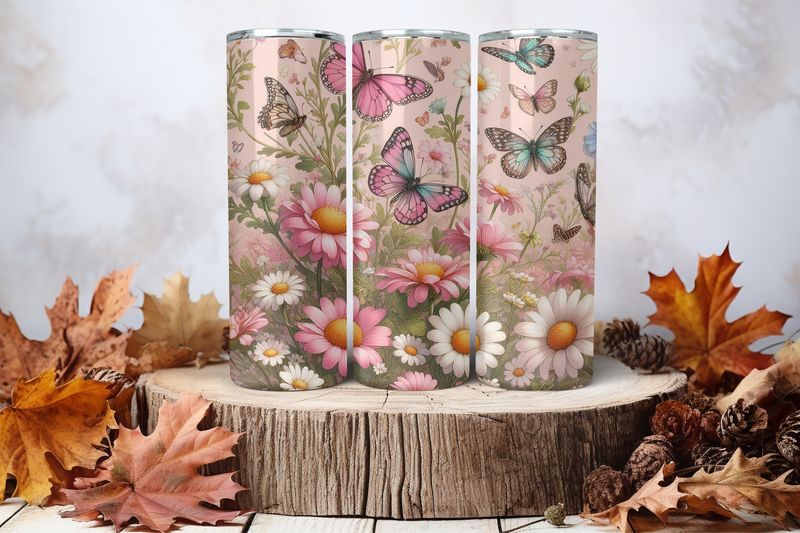 20oz Skinny Sublimation Tumbler Wrap Print - Butterflies &amp; Daisies