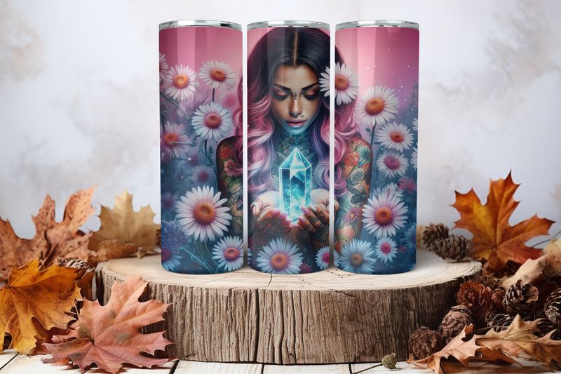 20oz Skinny Sublimation Tumbler Wrap Print - Tattooed Girl With Crystal