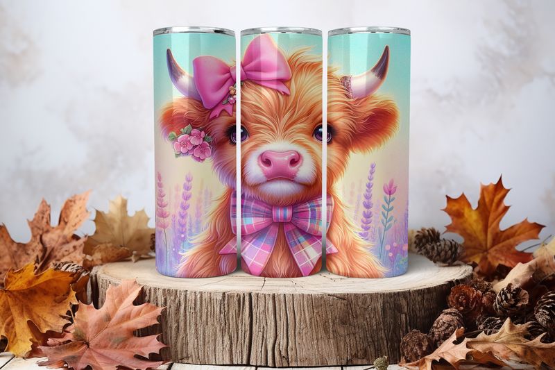 20oz Skinny Sublimation Tumbler Wrap Print - Highland Cow With Checkered Bow
