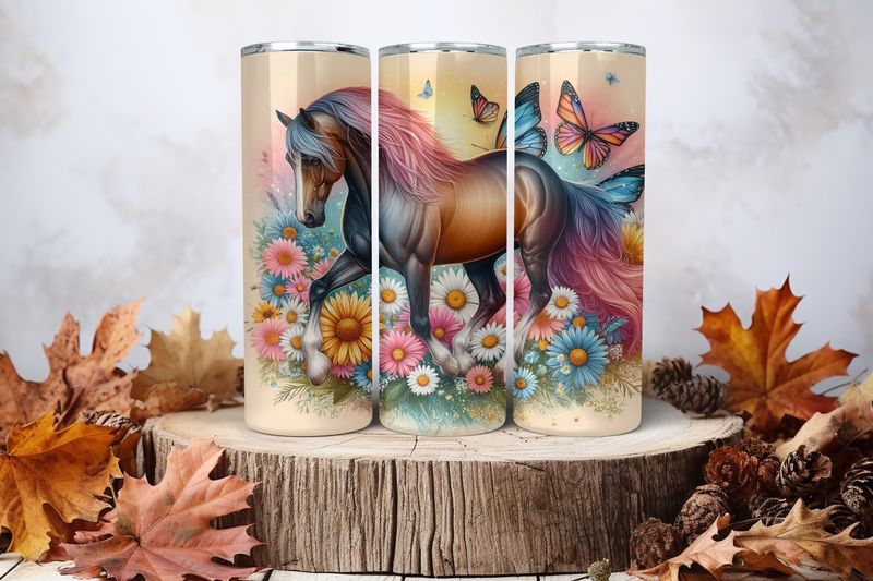20oz Skinny Sublimation Tumbler Wrap Print - Horse Daisies