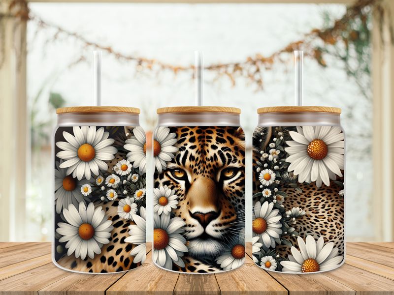 16oz Sublimation Tumbler Wrap Print - Leopard Face Daisies