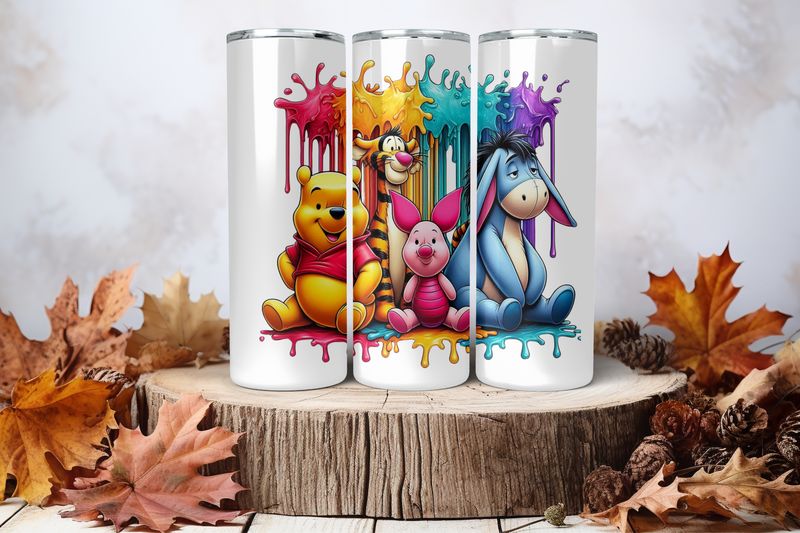 20oz Skinny Sublimation Tumbler Wrap Print - Winnie The Pooh &amp; Friends Colour Drip 2