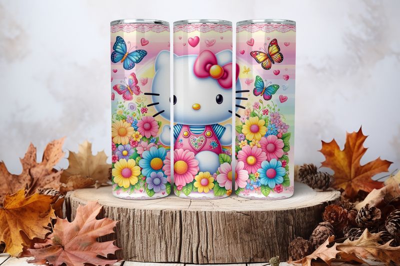 20oz Skinny Sublimation Tumbler Wrap Print - Hello Kitty With Butterflies