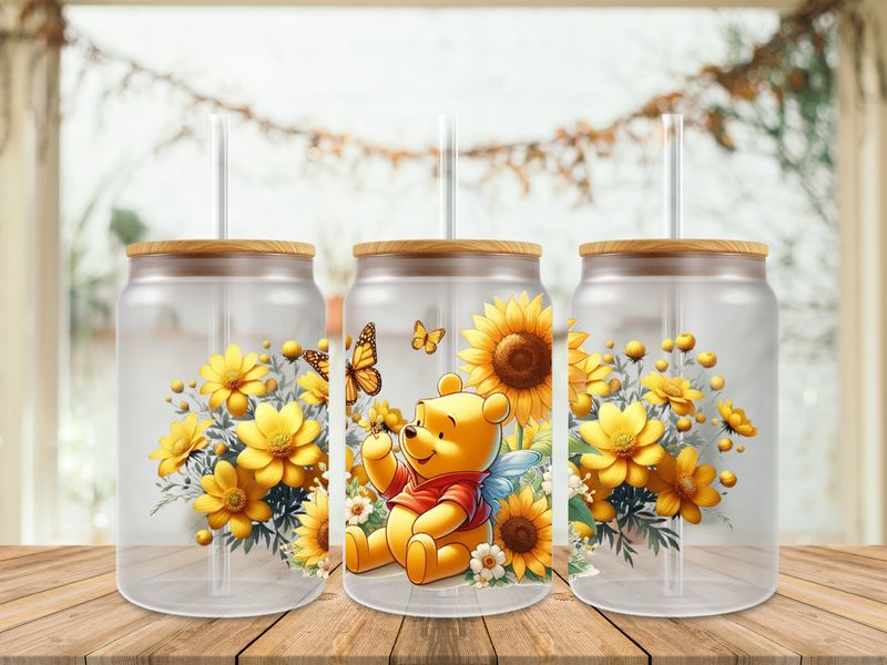 16oz Sublimation Tumbler Wrap Print - Winnie The Pooh Sunflowers