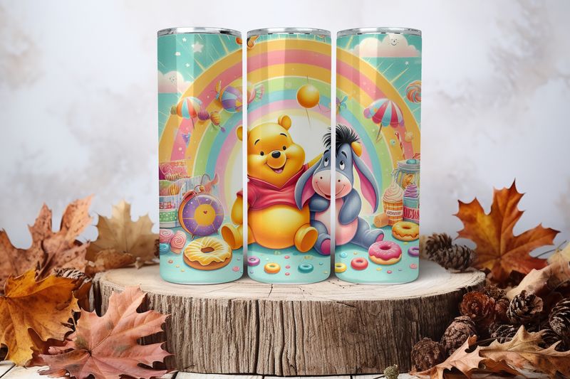 20oz Skinny Sublimation Tumbler Wrap Print - Pooh &amp; Eeyore Rainbow Donuts