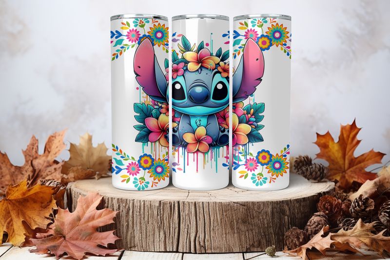 20oz Skinny Sublimation Tumbler Wrap Print - Stitch Flowers On Head