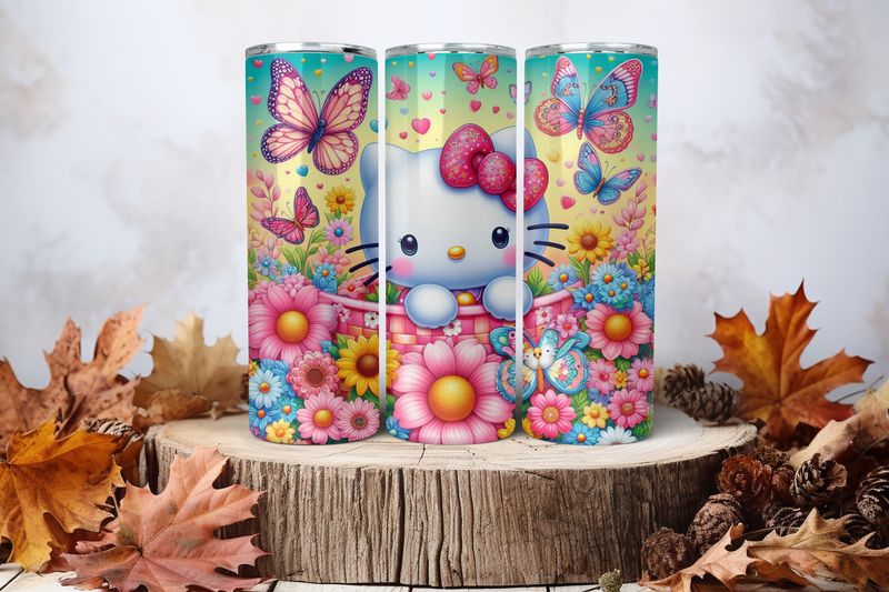 20oz Skinny Sublimation Tumbler Wrap Print - Hello Kitty On Basket