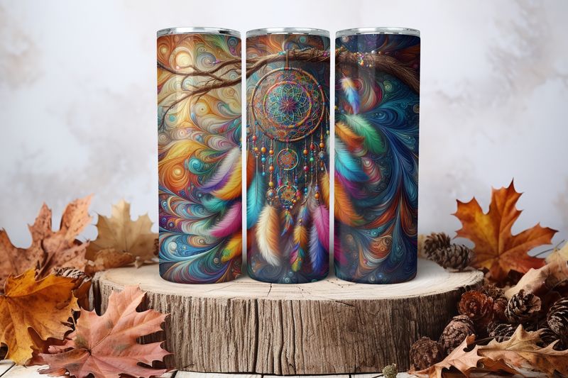 20oz Skinny Sublimation Tumbler Wrap Print - Dreamcatcher Colourful 2