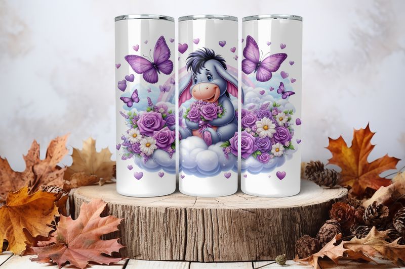 20oz Skinny Sublimation Tumbler Wrap Print - Eeyore With Purple Butterflies