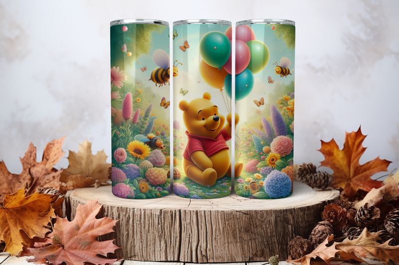 20oz Skinny Sublimation Tumbler Wrap Print - Pooh &amp; Balloons