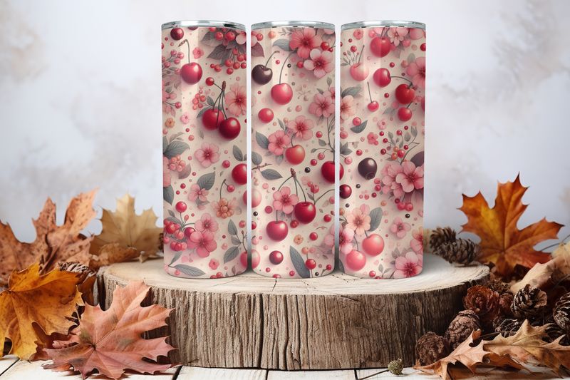 20oz Skinny Sublimation Tumbler Wrap Print - Cherries &amp; Flowers