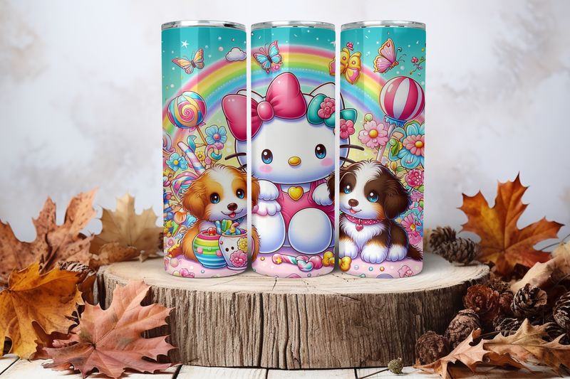 20oz Skinny Sublimation Tumbler Wrap Print - Hellio Kitty With 2 Doggys