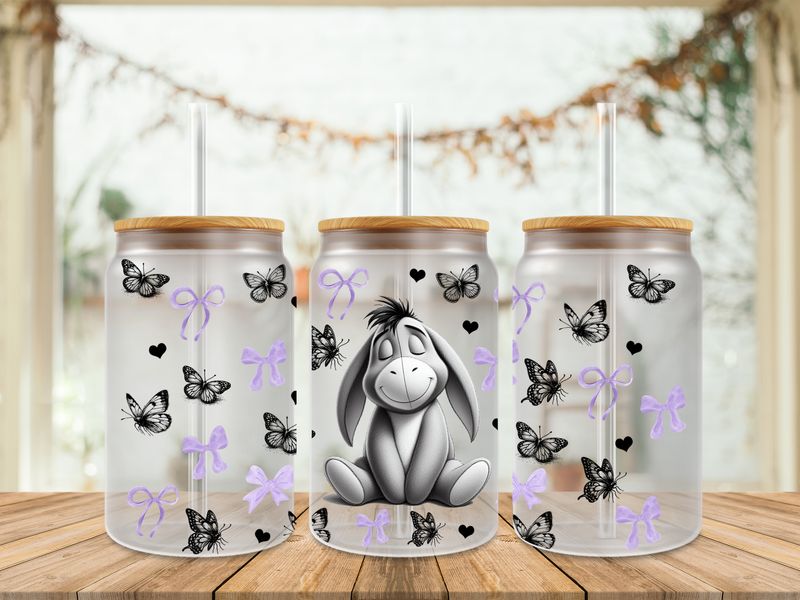 16oz Sublimation Tumbler Wrap Print - Eeyore Black &amp; White With Bows &amp; Butterflies