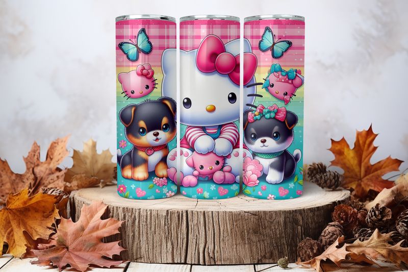 20oz Skinny Sublimation Tumbler Wrap Print - Hellio Kitty With 2 Black Dogs