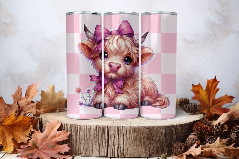 20oz Skinny Sublimation Tumbler Wrap Print - Highland Cow Purple Bow Checkered