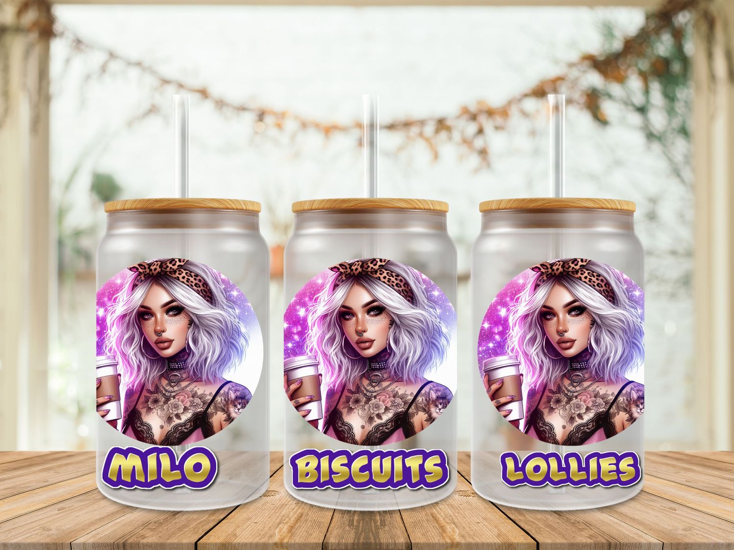 Tattooed Girl With Drink Milo Lollies Biscuits