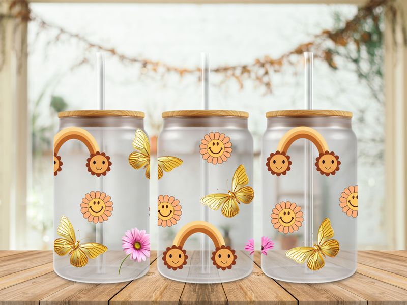 Double Sided Gold Butterfly With Smiley Flower &amp; Rainbow