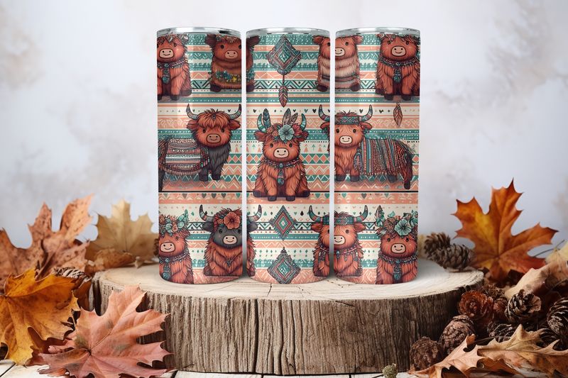 20oz Skinny Sublimation Tumbler Wrap Print - Cow Aztec Boho 2
