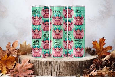 20oz Sublimation Tumbler Wrap Print - Highland Cow With Green Bows Affirmations