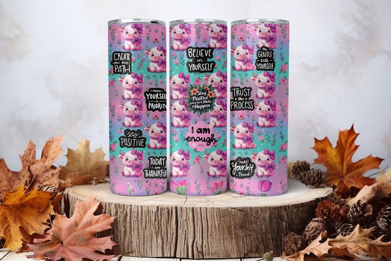 20oz Sublimation Tumbler Wrap Print - Highland Cow With Purple Bows Affirmations