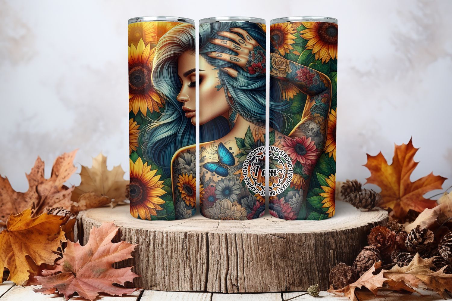 20oz Skinny Sublimation Tumbler Wrap Print - Tattooed Girl With Sunflowers &amp; Affirmation
